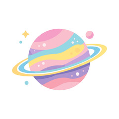 Naklejka premium Colorful planet with rings and stars flat vector illustration