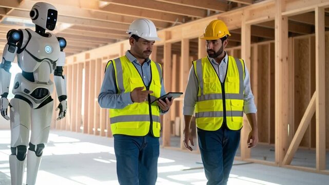 Two workers and robot inspect construction site with tablets