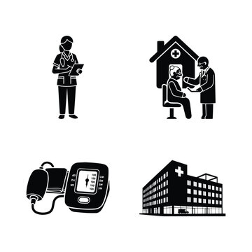 Home healthcare and medical diagnostic icon set with doctor visit blood pressure monitor and hospital