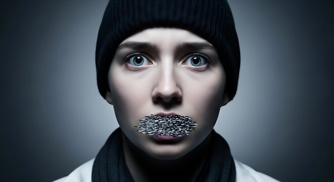 Young person's mouth is censored by digital pixels against dark background.
