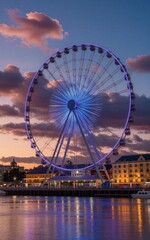 Fototapeta premium Purple sky, glowing Ferris wheel over waterfront town at twilight.