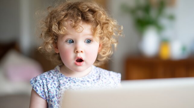 Child with curly hair looks surprised while sitting near a laptop