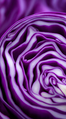 Obraz premium Close-up of sliced purple cabbage revealing intricate natural patterns and fresh vegetable texture. 