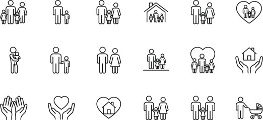 Family And Parenting Line Icon Set With Parents Children Home Heart Support Care Baby Stroller And Community Symbols