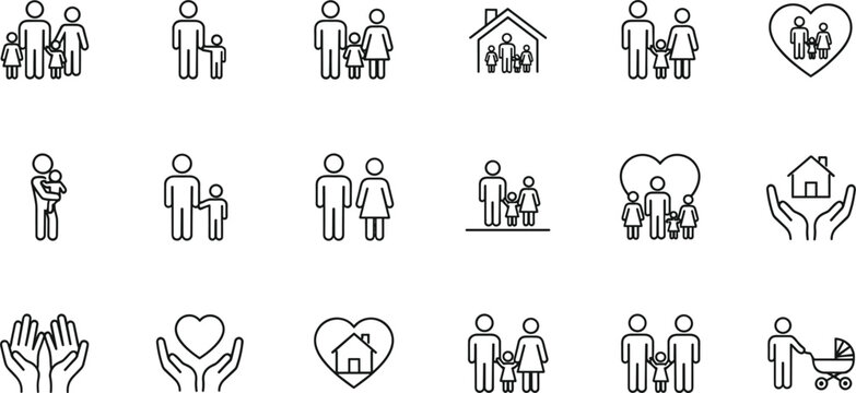 Family And Parenting Line Icon Set With Parents Children Home Heart Support Care Baby Stroller And Community Symbols