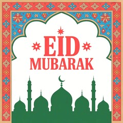 Eid Mubarak Islamic Greeting Card with Decorative Floral Frame and Mosque Silhouette.