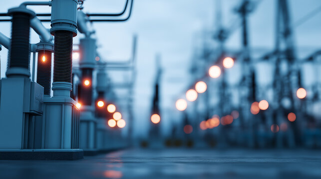 Industrial electrical transformers aligned in a power substation with soft evening lights in the background.
