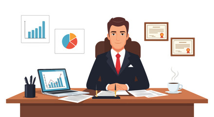 Fototapeta premium A businessman sits at a desk with a laptop and papers, surrounded by charts and certificates on a white background.
