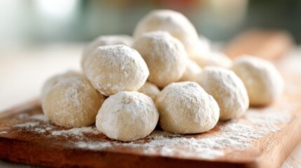 Fototapeta premium Baking small round cookies with powdered sugar in a cozy kitchen setting