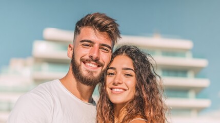 Obraz premium Couple smiles together in front of modern building under clear sky