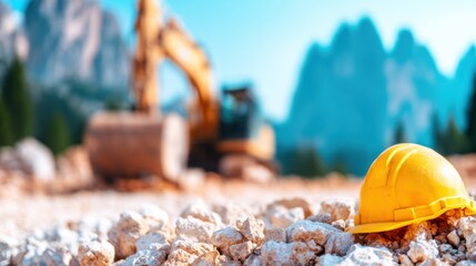 Construction site with yellow hard hat and machinery in background