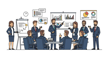 A diverse group of business professionals in blue suits engaged in a meeting with graphs and charts on a whiteboard and screens in a modern office setting with a professional mood.