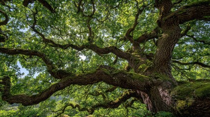 Lush oak canopy, branches reaching