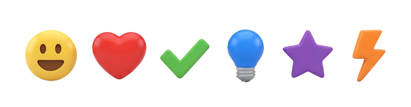 Collection of colorful 3D rendered emojis and icons including happy face, heart, checkmark, lightbulb, star, and lightning bolt, isolated on white.