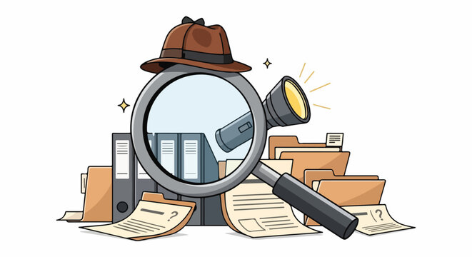 Flat illustration of a magnifying glass and flashlight on documents with a detective hat on top, against a white background with a investigative mood.