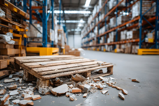 Damage in warehouse with broken pallet and boxes scattered on floor during daylight working hours