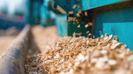 Naklejka premium Wood chips fall from a machine in a lumber yard during daytime work hours