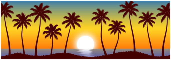 Obraz premium 南国ビーチの夕日 パノラマ風景イラスト / Tropical beach sunset panorama