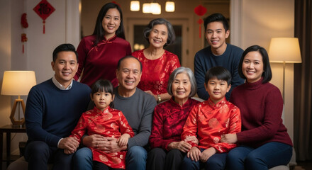 Fototapeta premium Family portrait after Lunar New Year dinner, relaxed pose, authentic smiles, realistic indoor lighting