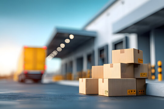 Packages are stacked outside a loading dock with a delivery truck in the background during the evening