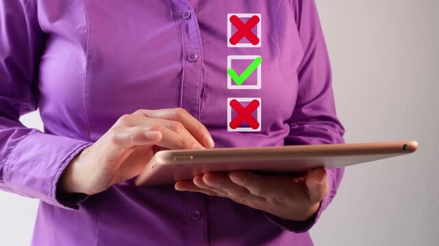 Correct and incorrect selection. Businessperson holding a tablet with an animation of squares, one with a check mark and two with an X.