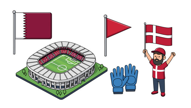 A colorful vector illustration of a soccer stadium with flags and a goalkeeper wearing a Denmark jersey