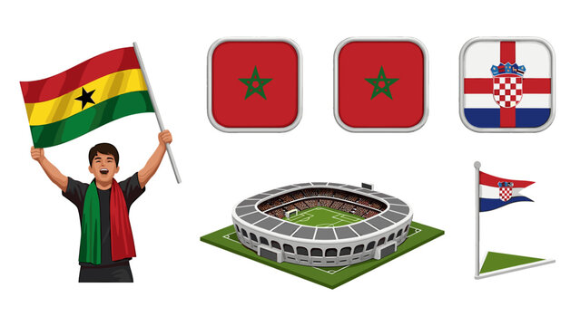 A vibrant illustration of a soccer fan holding a flag with various national flags and a stadium