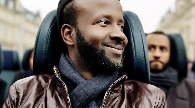 Smiling man enjoys city tour with fellow passengers on bus seats