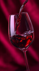 Obraz premium Red wine being poured into a glass against a dramatic red fabric background, symbolizing luxury, indulgence, and refined taste. 