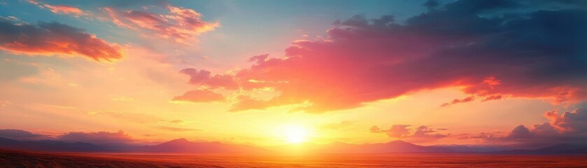 Fototapeta premium awe-inspiring vibrant sunset over distant mountains with dramatic colorful clouds and a tranquil glowing horizon