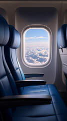 Empty airplane cabin seats by a window with clouds outside, representing air travel comfort, modern aviation, and passenger experience.
