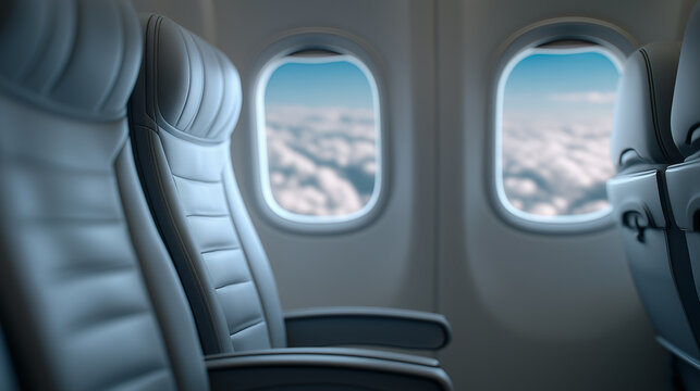 Empty airplane cabin seats by a window with clouds outside, representing air travel comfort, modern aviation, and passenger experience.
