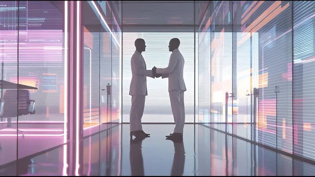 Strategic business leaders finalize a crucial agreement with a powerful handshake, symbolizing successful collaboration within a futuristic, digitally enhanced corporate environment