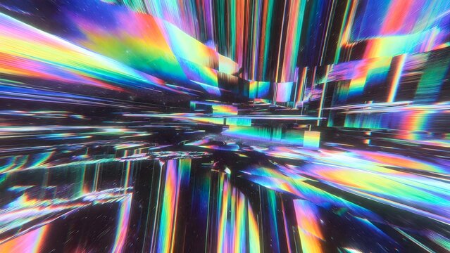 Abstract digital art with exploding rainbow colors and geometric shapes in motion, representing speed and energy