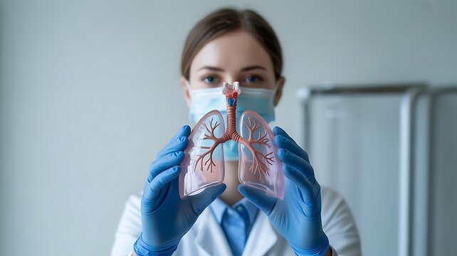 Doctor holding transparent human lung model with gloved hands