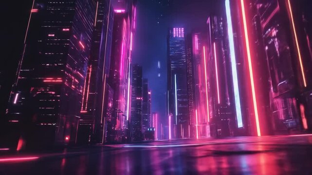 Abstract futuristic city illuminated with neon lights and reflective surfaces