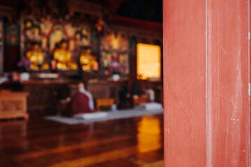 Obraz premium Busan, South Korea, Haedong Yonggungsa Temple view, Buddhist temple in Gijang-gun, coastal sea landscape with shrine facade exterior, Gijang County, Northern Busan, Yeongnam region, sunny spring day