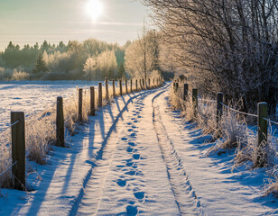 Obraz premium Winter landscape with a wooden bridge