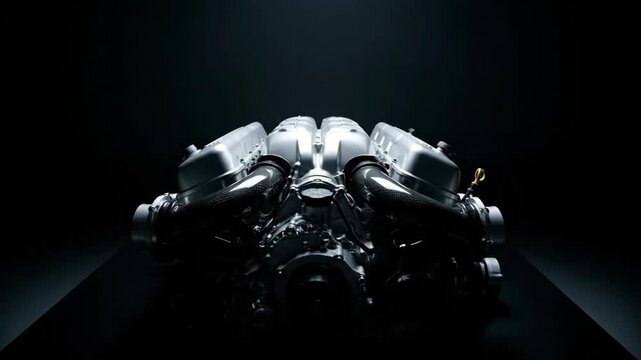 Dramatic V12 Engine Reveal in Dark Studio with Sequential Spotlighting