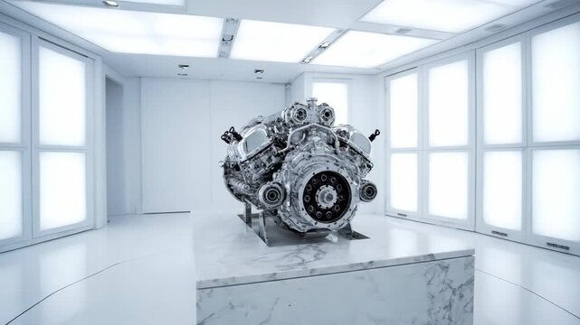 V12 engine displayed in a futuristic clean room environment