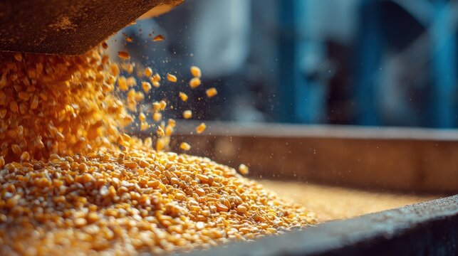Close-up of corn milling process kernels being ground on blurred background