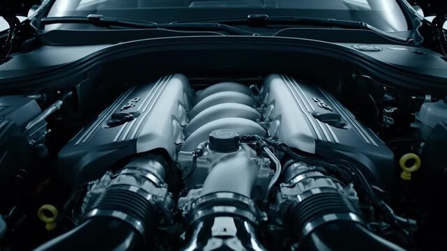 Close-up of a V12 engine's intricate design, pushing into its valley with perfect symmetry