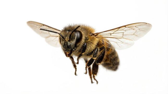 Flying honey bee macro shot on white background. Close up of insect wings, legs, and furry body. Wildlife animal conservation concept.