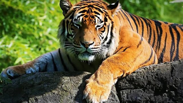 A majestic tiger rests peacefully on a rock among the bushes
