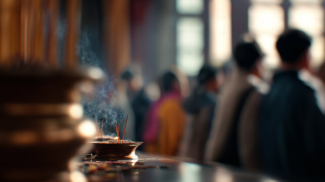 Burning incense stick on a table with soft smoke and blurred crowd in the background, symbolizing spirituality, ritual, and mindful atmosphere.
