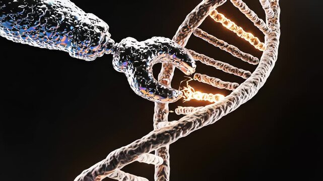 3D medical animation of nanobot arm performing gene editing on glowing DNA helix with cellular background