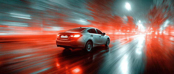 Naklejka premium Sleek Car Speeding on Wet City Street at Night with Vibrant Red and Blue Lights