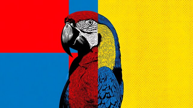 Parrot and Vibrant Colors: A striking parrot is in the center, Its brilliant plumage contrasted with bold geometric shapes of red, blue, and yellow creating an artwork.