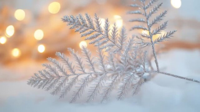 Sparkling silver fern branch on soft white, with warm glowing bokeh lights in background