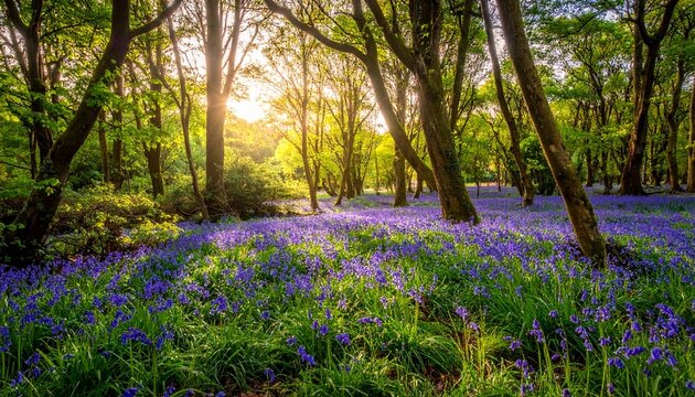 Vibrant Forest Floor Carpeted with Bluebells Under the Golden Sunlight.